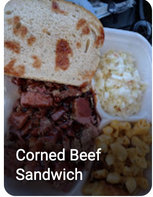 Pop's BBQ corned beef sandwich with sides